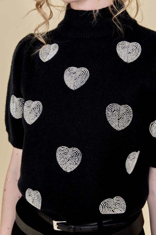 English Factory Beaded Heart Puff Sleeve Knit BLACK