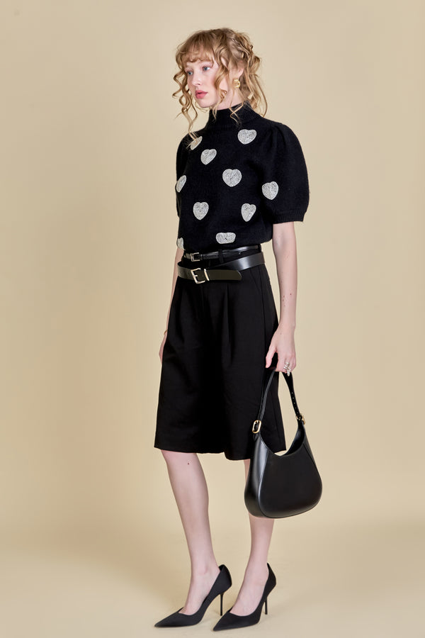 English Factory Beaded Heart Puff Sleeve Knit BLACK