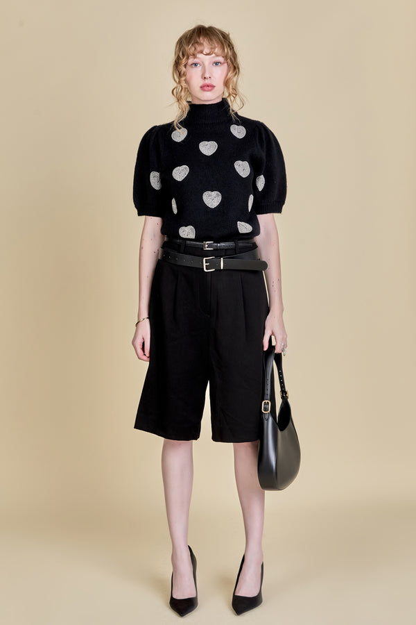 english factory Beaded Heart Puff Sleeve Knit BLACK