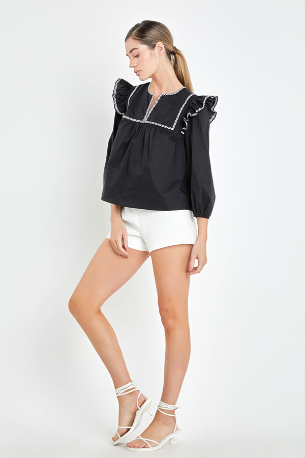 English Factory Black & White Contrast Embroidery Top BLACK/WHITE