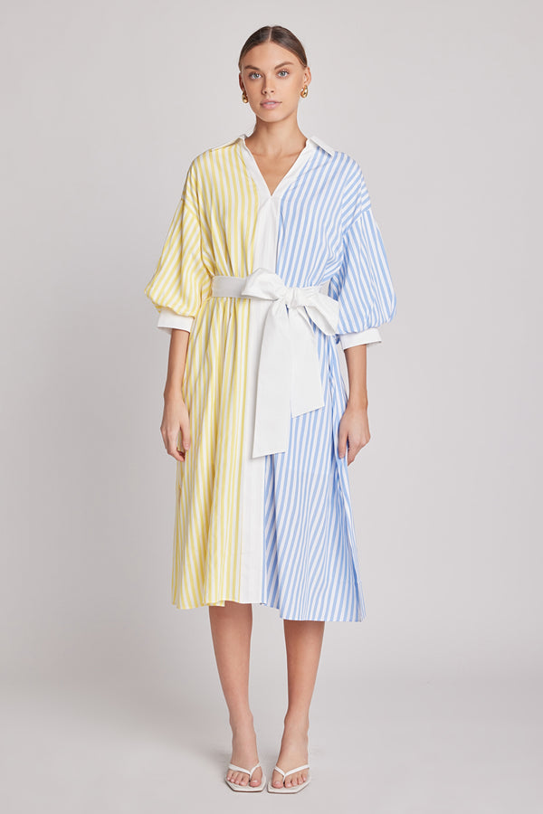 english factory Blouson Sleeve Stripe Shirt Midi Dress BLUE/YELLOW
