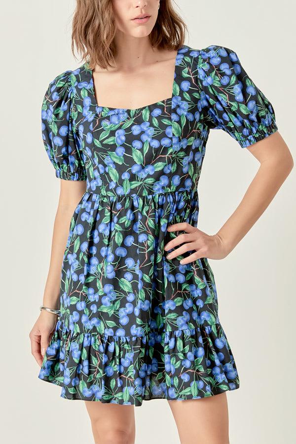English Factory Blueberry Print Mini Dress With Puff Sleeves BLACK