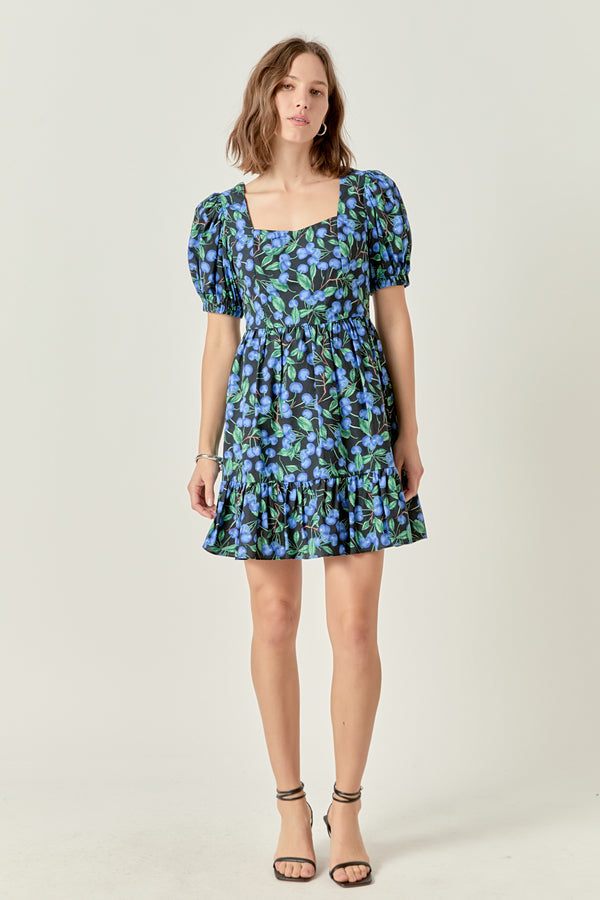 english factory Blueberry Print Mini Dress with Puff Sleeves BLACK