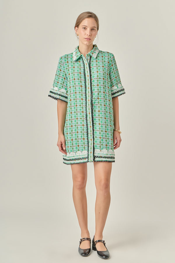 english factory Boucle Mini Shirt Dress With Ric Rac Trim MINT