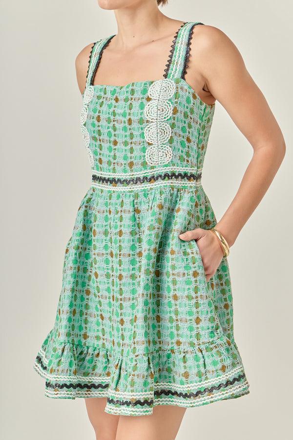 English Factory Boucle Square Neck Mini Dress With Ric Rac Trim MINT