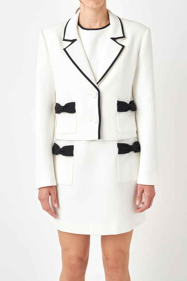 English Factory Bow Contrast Tweed Blazer IVORY/BLACK