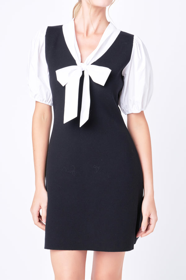 English Factory Bow Tie Mixed Media Dress BLACK/WHITE
