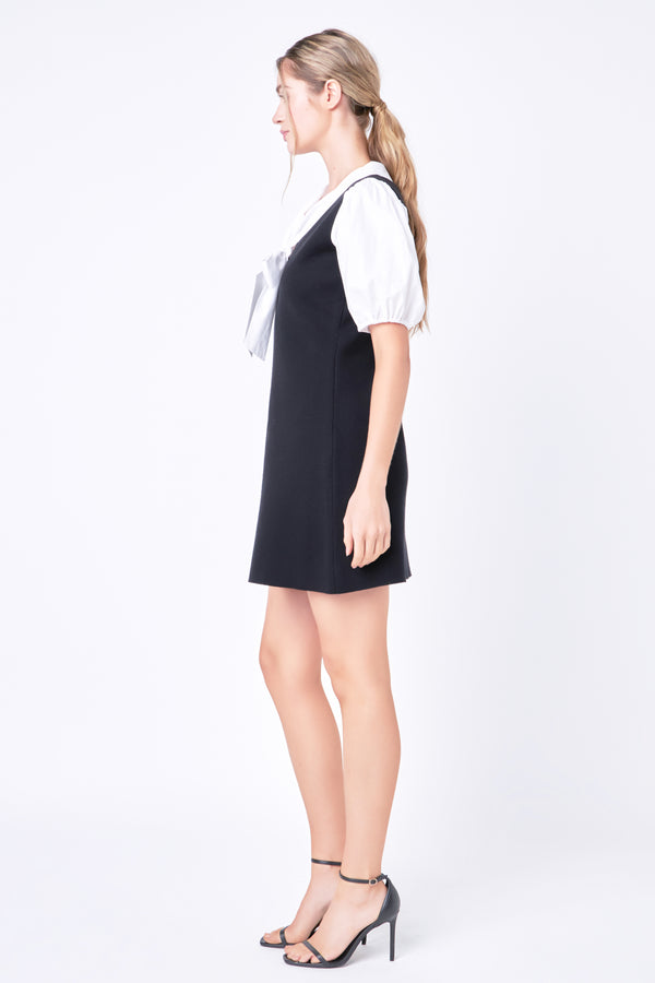 English Factory Bow Tie Mixed Media Dress BLACK/WHITE