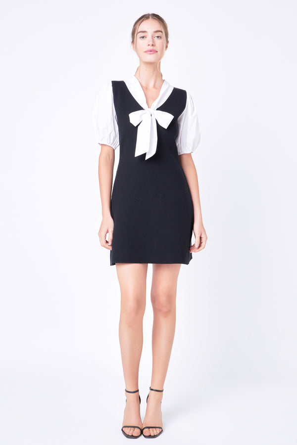 english factory Bow Tie Mixed Media Dress BLACK/WHITE