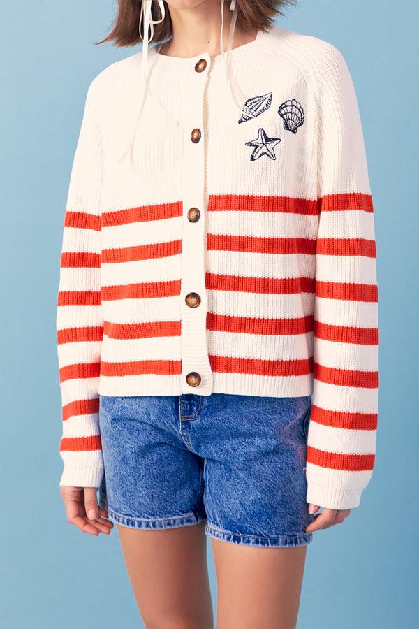 English Factory Breton Striped Cardigan With Shell Embroidery IVORY/RED