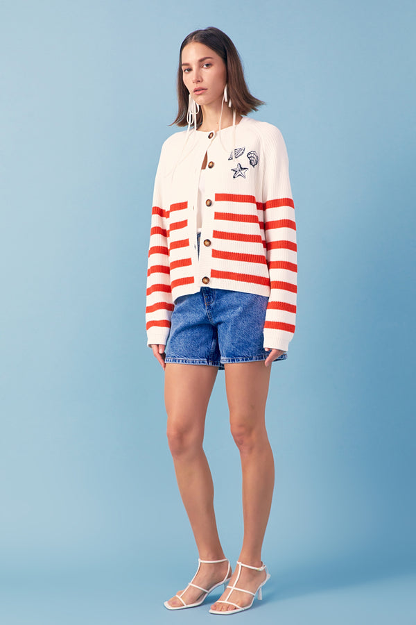 English Factory Breton Striped Cardigan With Shell Embroidery IVORY/RED