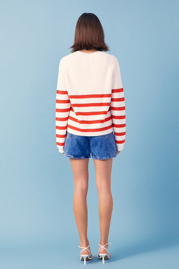English Factory Breton Striped Cardigan With Shell Embroidery IVORY/RED