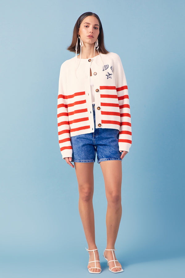 english factory Breton Striped Cardigan with Shell Embroidery IVORY/RED