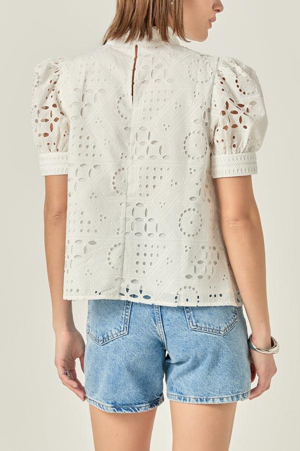 English Factory Broderie Anglaise Puff Sleeve Top WHITE