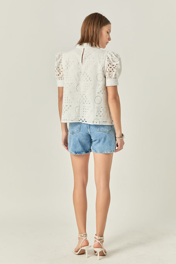 English Factory Broderie Anglaise Puff Sleeve Top WHITE