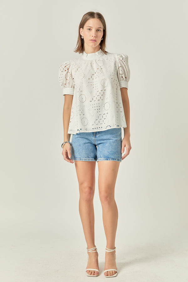 english factory Broderie Anglaise Puff Sleeve Top WHITE