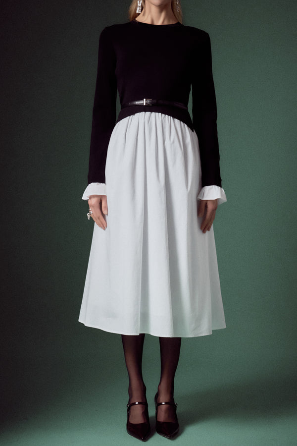 English Factory Bubble Hem Midi Mixed Media Dress BLACK/WHITE