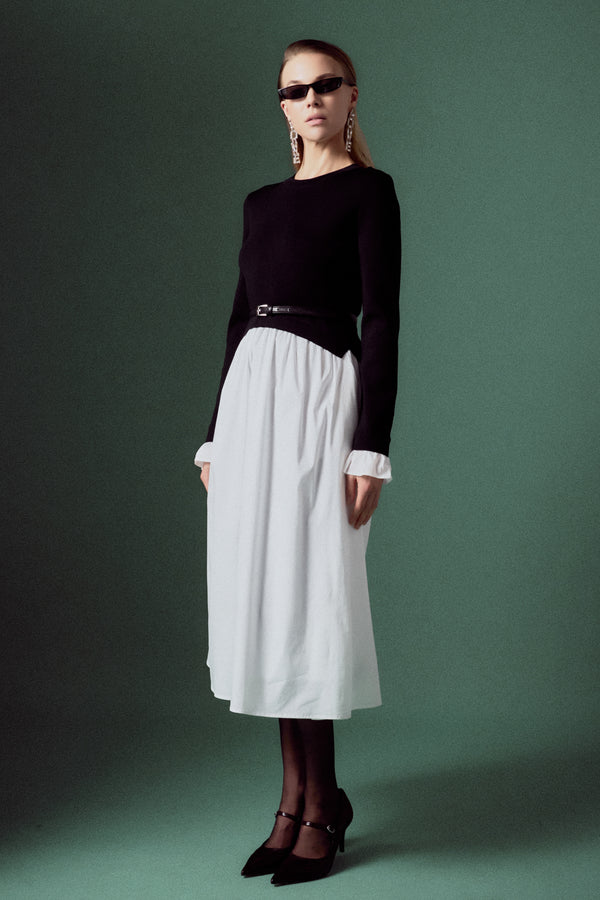 English Factory Bubble Hem Midi Mixed Media Dress BLACK/WHITE