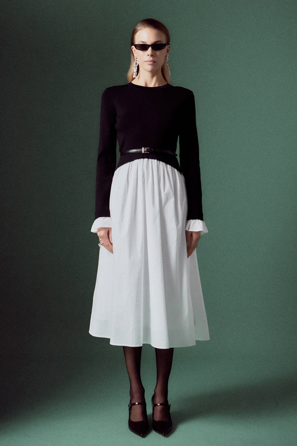 english factory Bubble Hem Midi Mixed Media Dress BLACK/WHITE