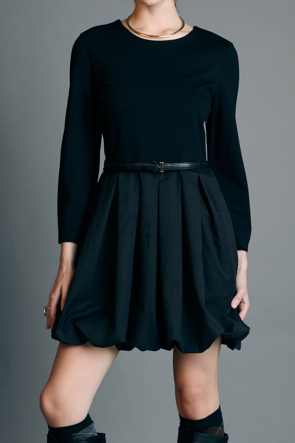 English Factory Bubble Hem Mixed Media Mini Dress BLACK