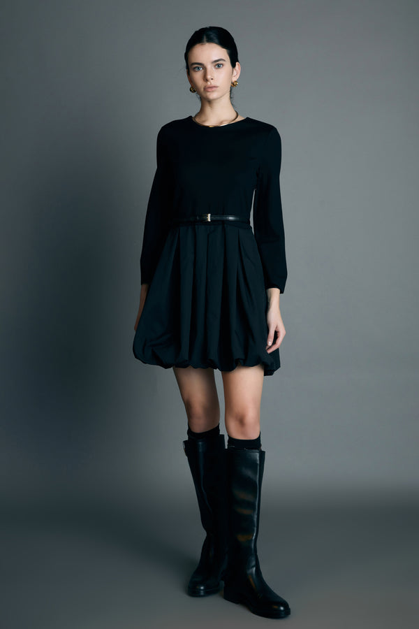 english factory Bubble Hem Mixed Media Mini Dress BLACK