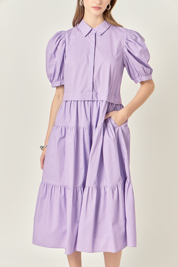 English Factory Button Closure Puff Sleeve Midi Dress PURPLE