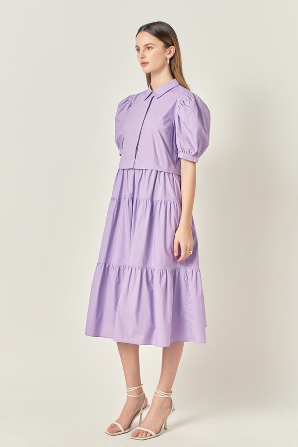 English Factory Button Closure Puff Sleeve Midi Dress PURPLE