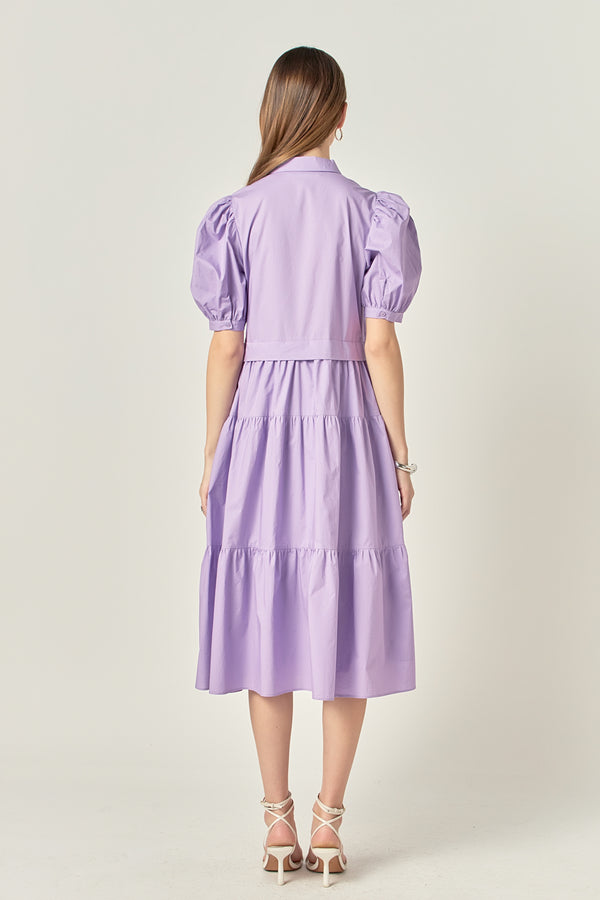 English Factory Button Closure Puff Sleeve Midi Dress PURPLE