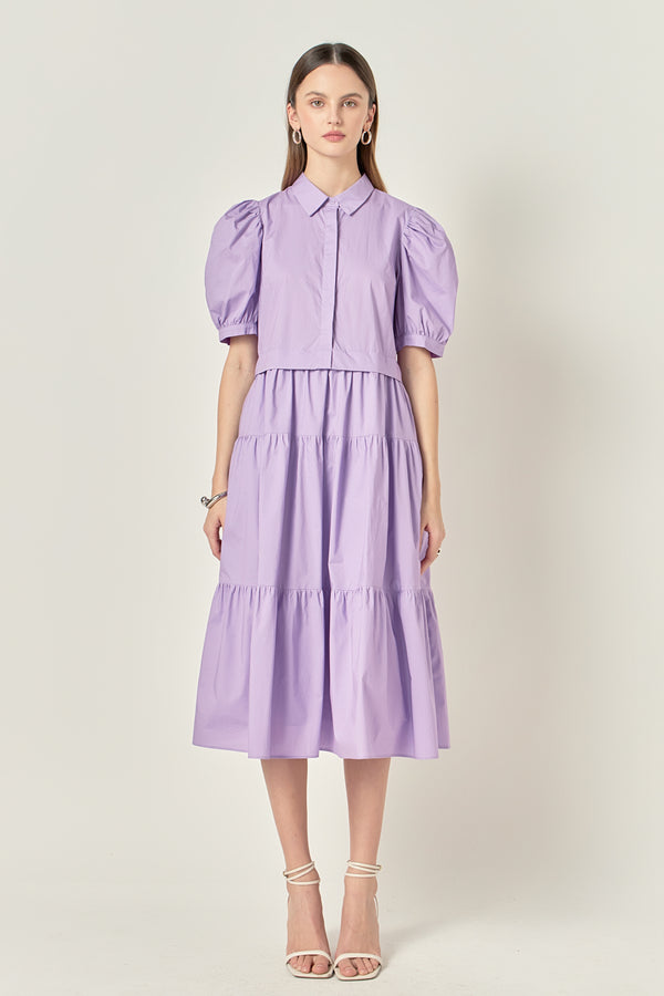 english factory Button Closure Puff Sleeve Midi Dress PURPLE