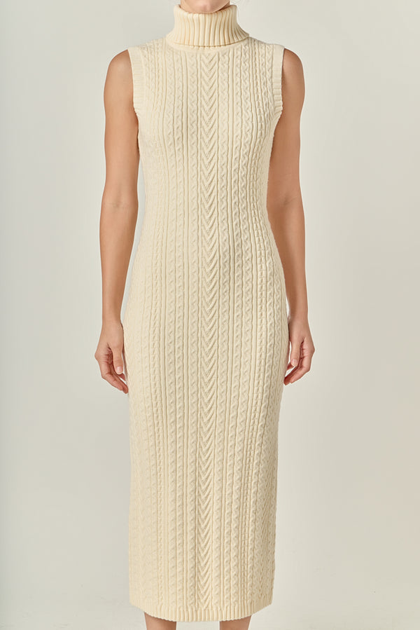 English Factory Cable Knit Mock Neck Midi Dress IVORY