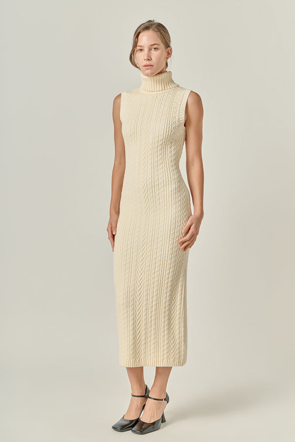 English Factory Cable Knit Mock Neck Midi Dress IVORY