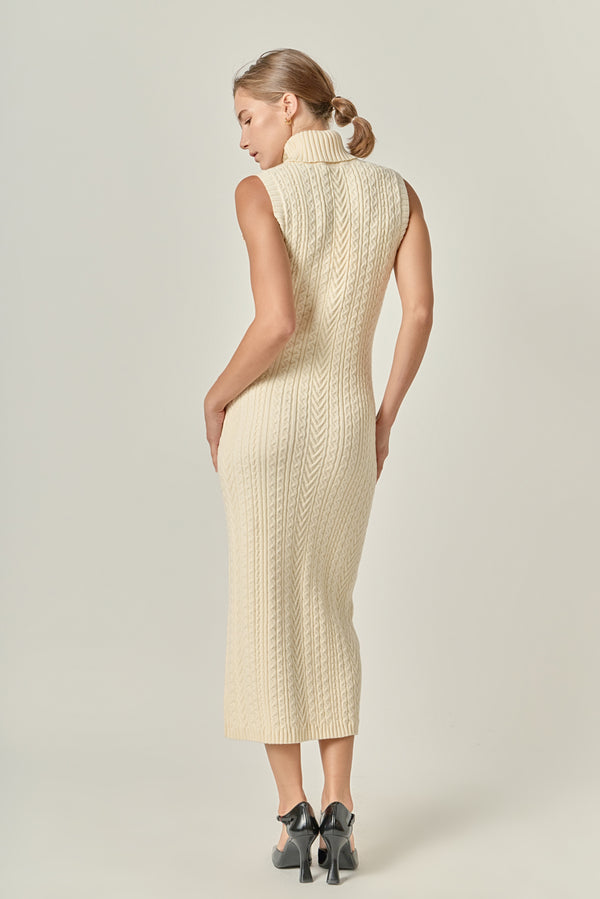 English Factory Cable Knit Mock Neck Midi Dress IVORY