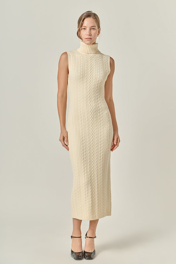 english factory Cable Knit Mock Neck Midi Dress IVORY