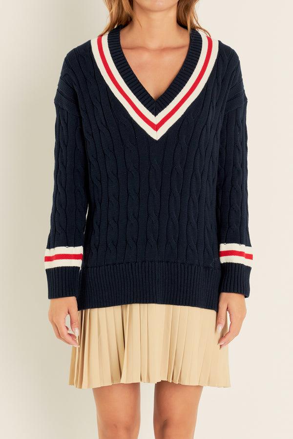 English Factory Cable Knit Pleated Sweater Dress NAVY MULTI