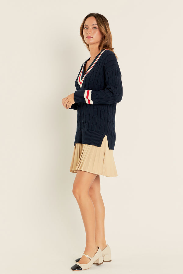 English Factory Cable Knit Pleated Sweater Dress NAVY MULTI