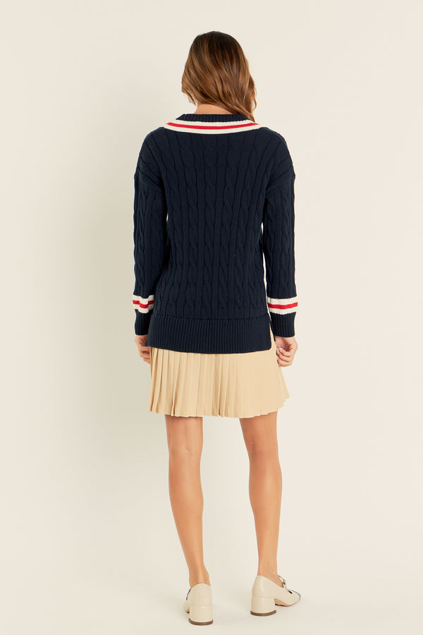 English Factory Cable Knit Pleated Sweater Dress NAVY MULTI