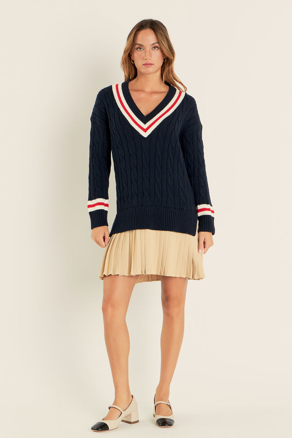 english factory Cable Knit Pleated Sweater Dress NAVY MULTI