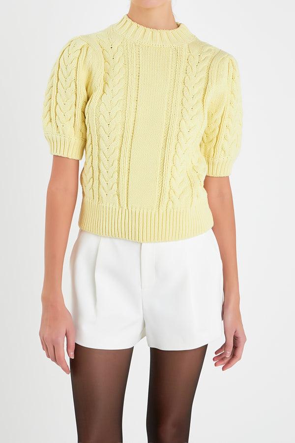 English Factory Cable Knit Puff Sleeve Sweater LEMON