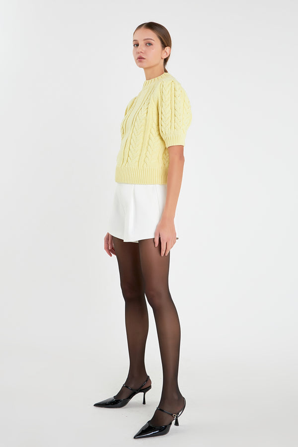English Factory Cable Knit Puff Sleeve Sweater LEMON