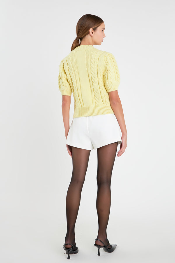 English Factory Cable Knit Puff Sleeve Sweater LEMON