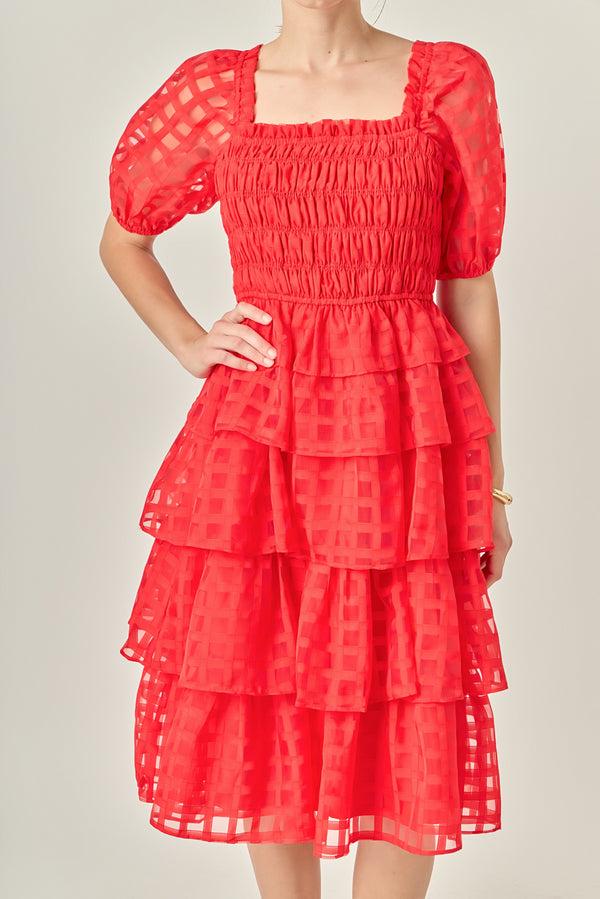 English Factory Check Organza Tiered Midi Dress RED