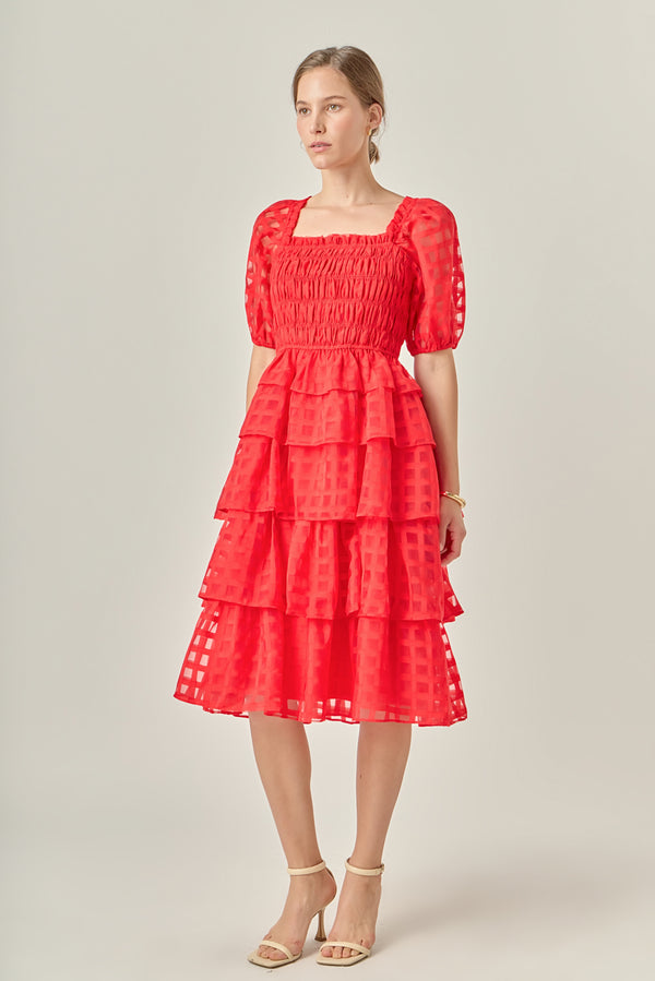 English Factory Check Organza Tiered Midi Dress RED