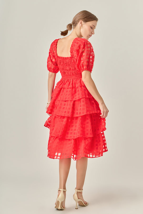 English Factory Check Organza Tiered Midi Dress RED