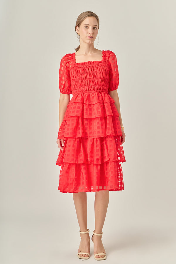 english factory Check Organza Tiered Midi Dress RED