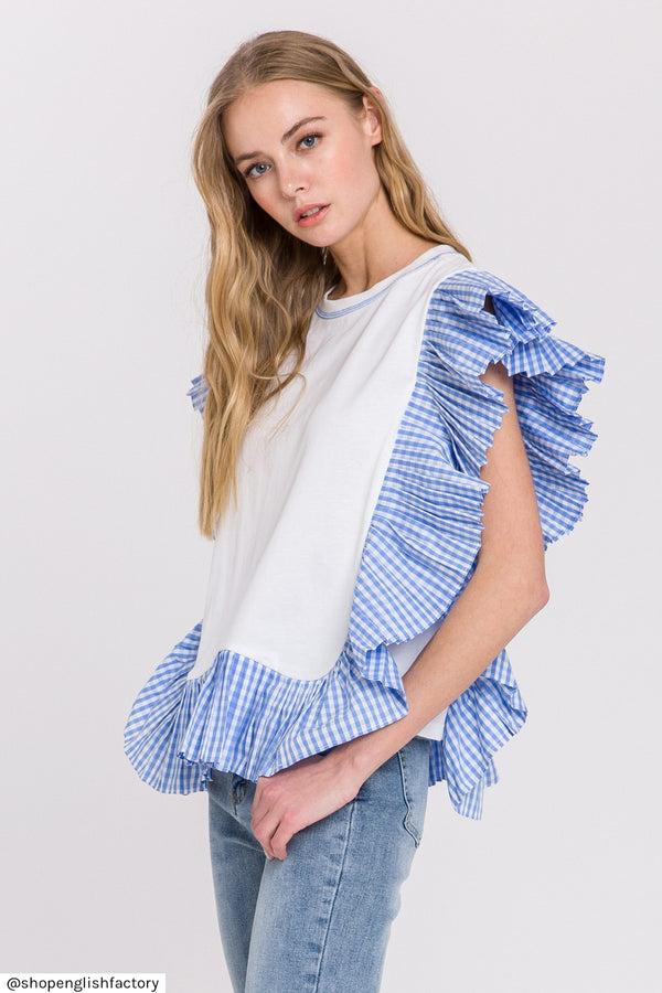 English Factory Check Print Combo Top WHITE BLUE COMBO