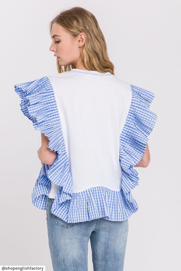 English Factory Check Print Combo Top WHITE BLUE COMBO