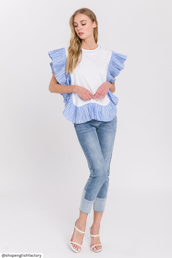 english factory Check Print Combo Top WHITE BLUE COMBO