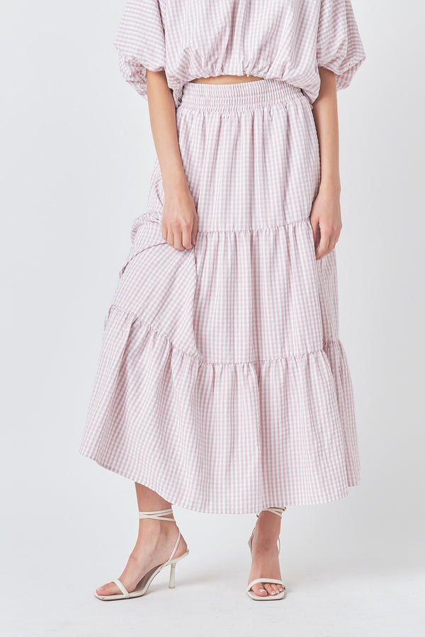 English Factory Check Print Tiered Maxi Skirt DUSTY ROSE