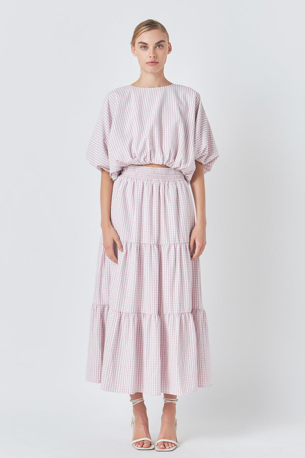English Factory Check Print Tiered Maxi Skirt DUSTY ROSE