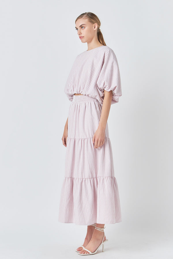 english factory Check Print Tiered Maxi Skirt DUSTY ROSE